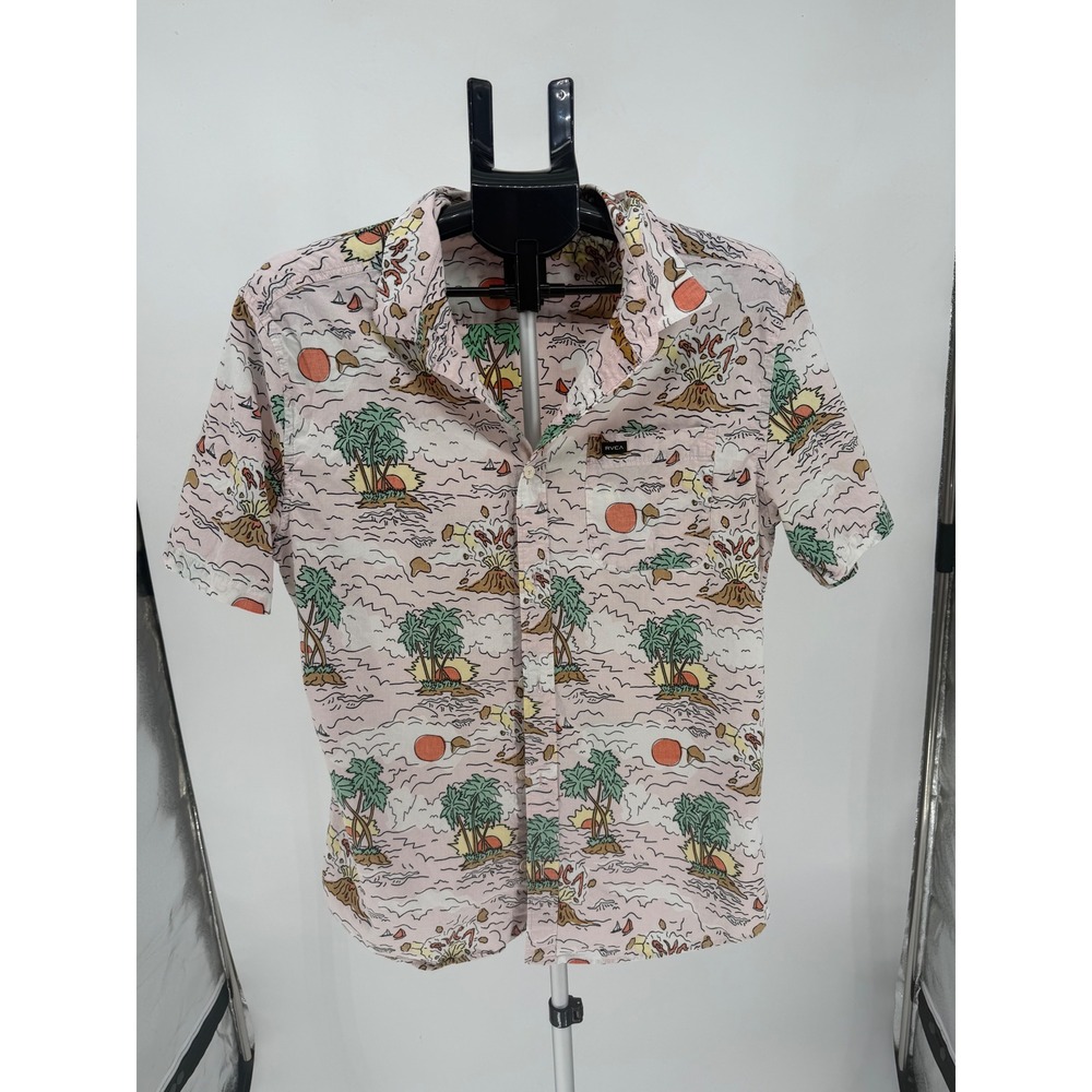 RVCA Button Up Shirt Mens Medium Pink Island Volcano Graphic Excellent Fit